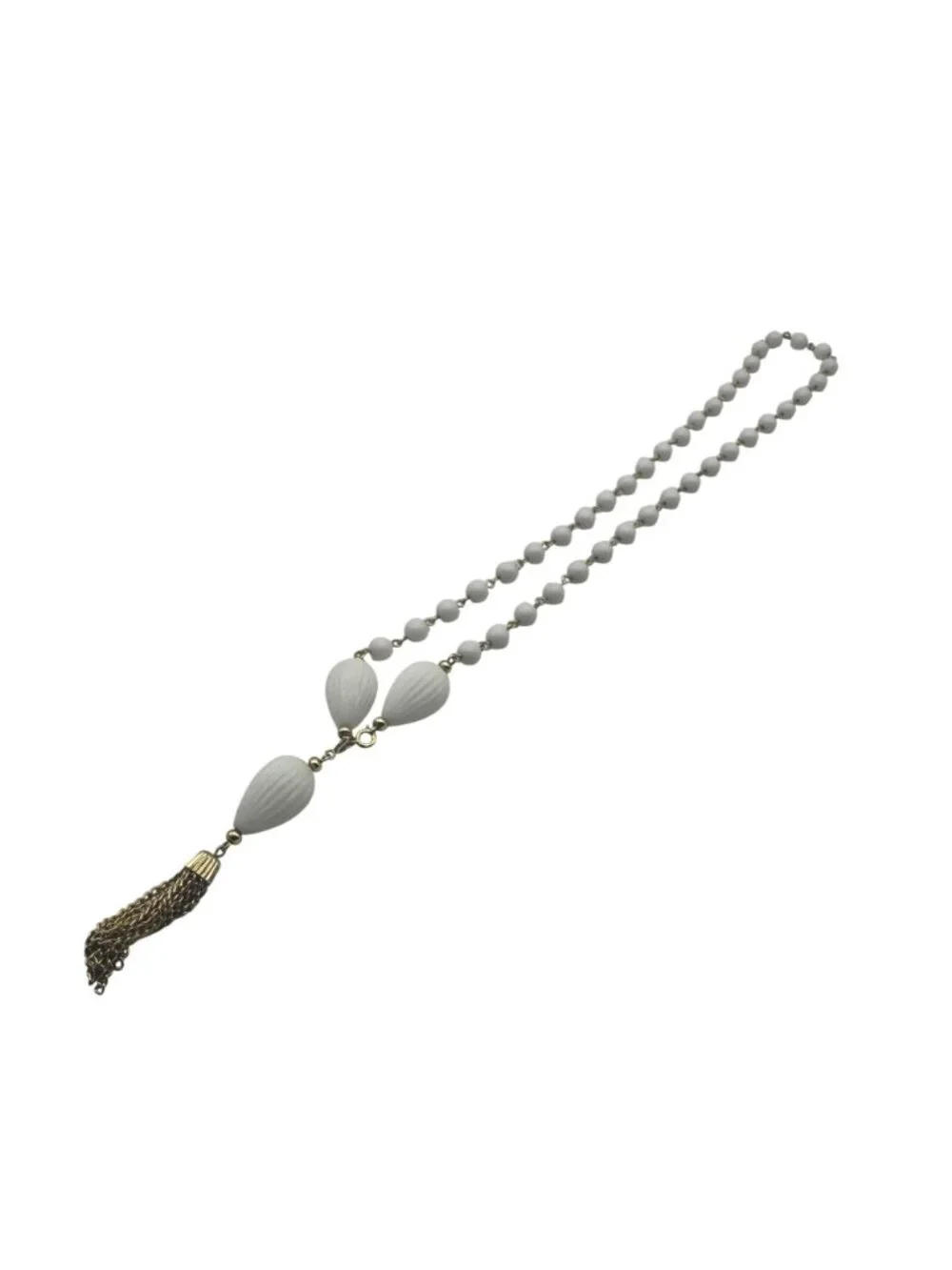 Vintage Beaded Tassel Gold Tone & White Plastic Chain Necklace Unique Design